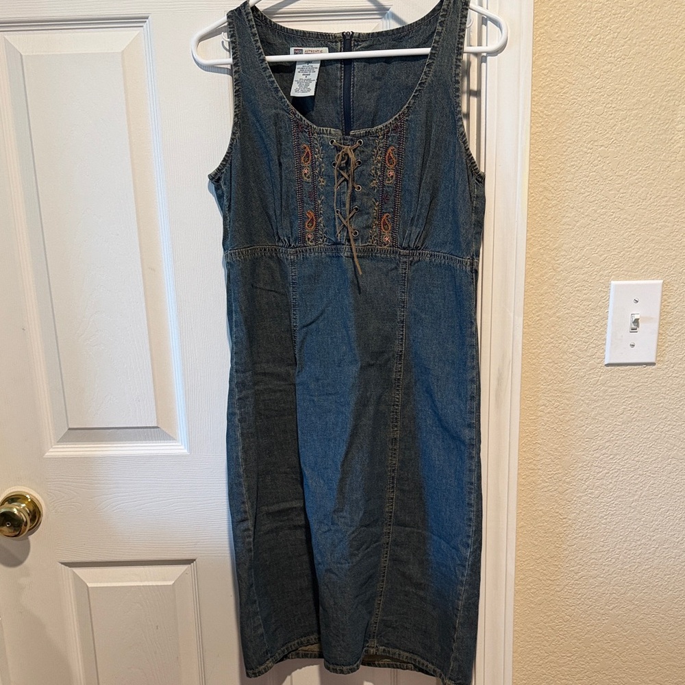 Faded Glory Blue Denim Midi Dress with Lace-Up Front